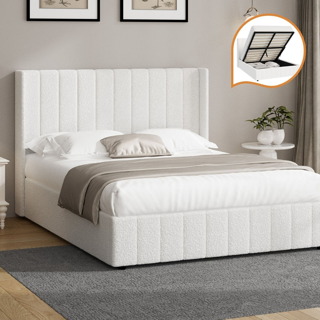 Elevate Your Bedroom with the Oikiture Queen Gas Lift Bed Frame - Stylish Boucle Design with Ample Storage