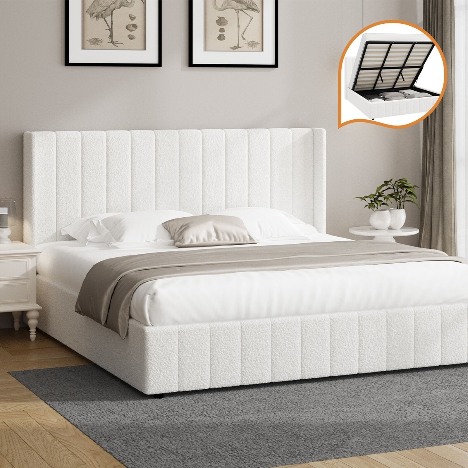 Elevate Your Bedroom with the Oikiture Queen Gas Lift Bed Frame - Stylish Boucle Design with Ample Storage
