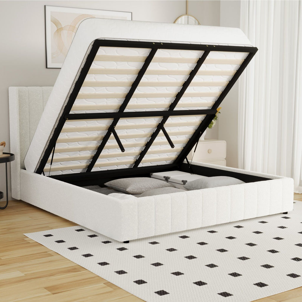 Elevate Your Bedroom with the Oikiture Queen Gas Lift Bed Frame - Stylish Boucle Design with Ample Storage