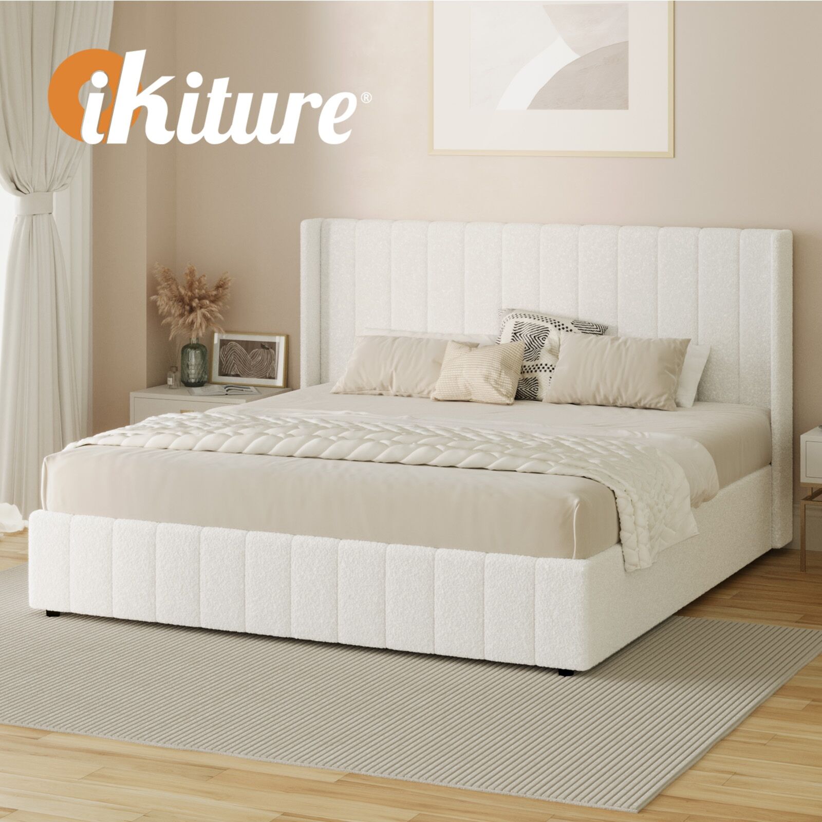 Elevate Your Bedroom with the Oikiture Queen Gas Lift Bed Frame - Stylish Boucle Design with Ample Storage