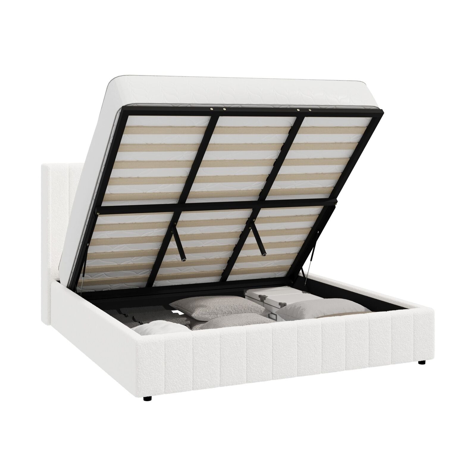 Elevate Your Bedroom with the Oikiture Queen Gas Lift Bed Frame - Stylish Boucle Design with Ample Storage