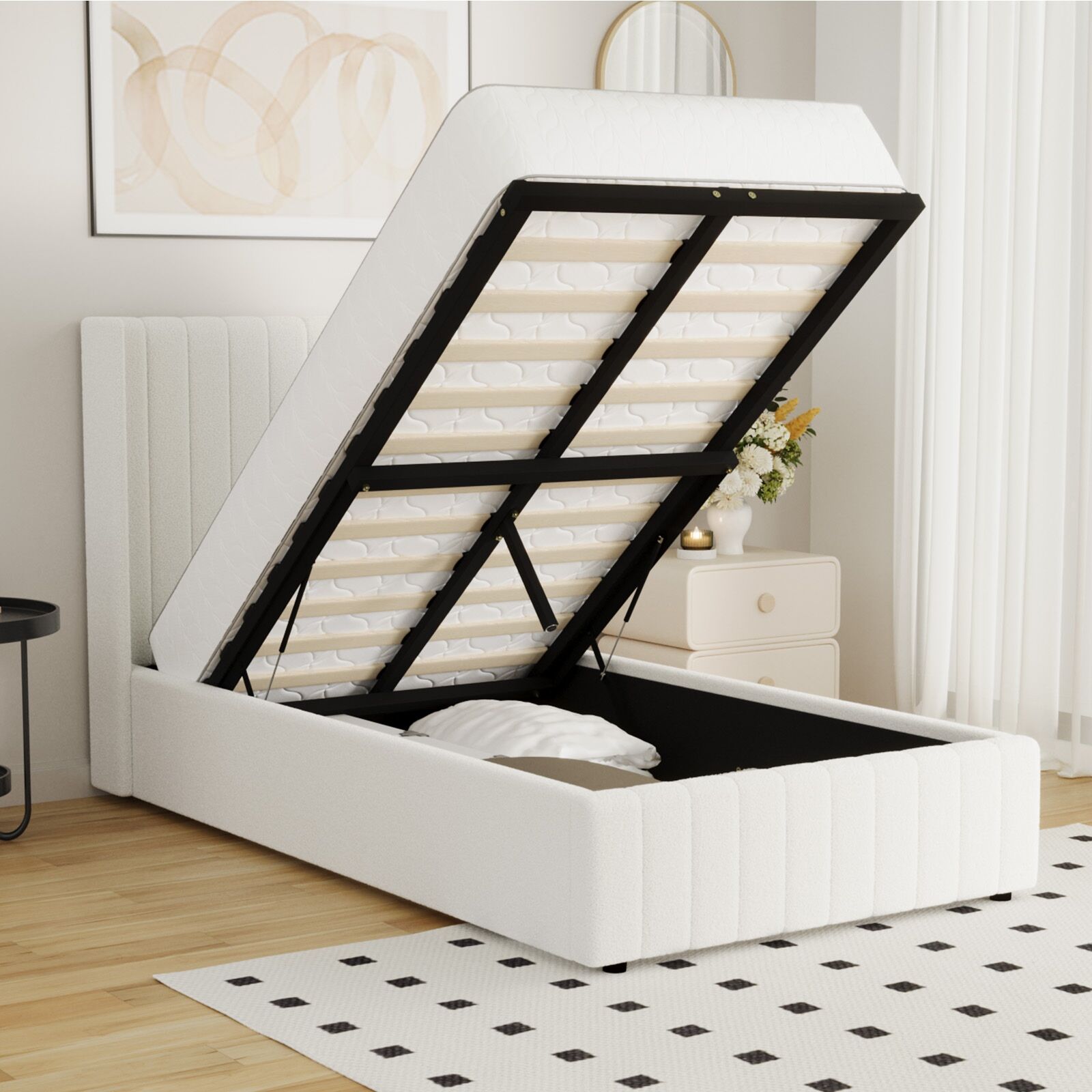 Elevate Your Bedroom with the Oikiture Queen Gas Lift Bed Frame - Stylish Boucle Design with Ample Storage