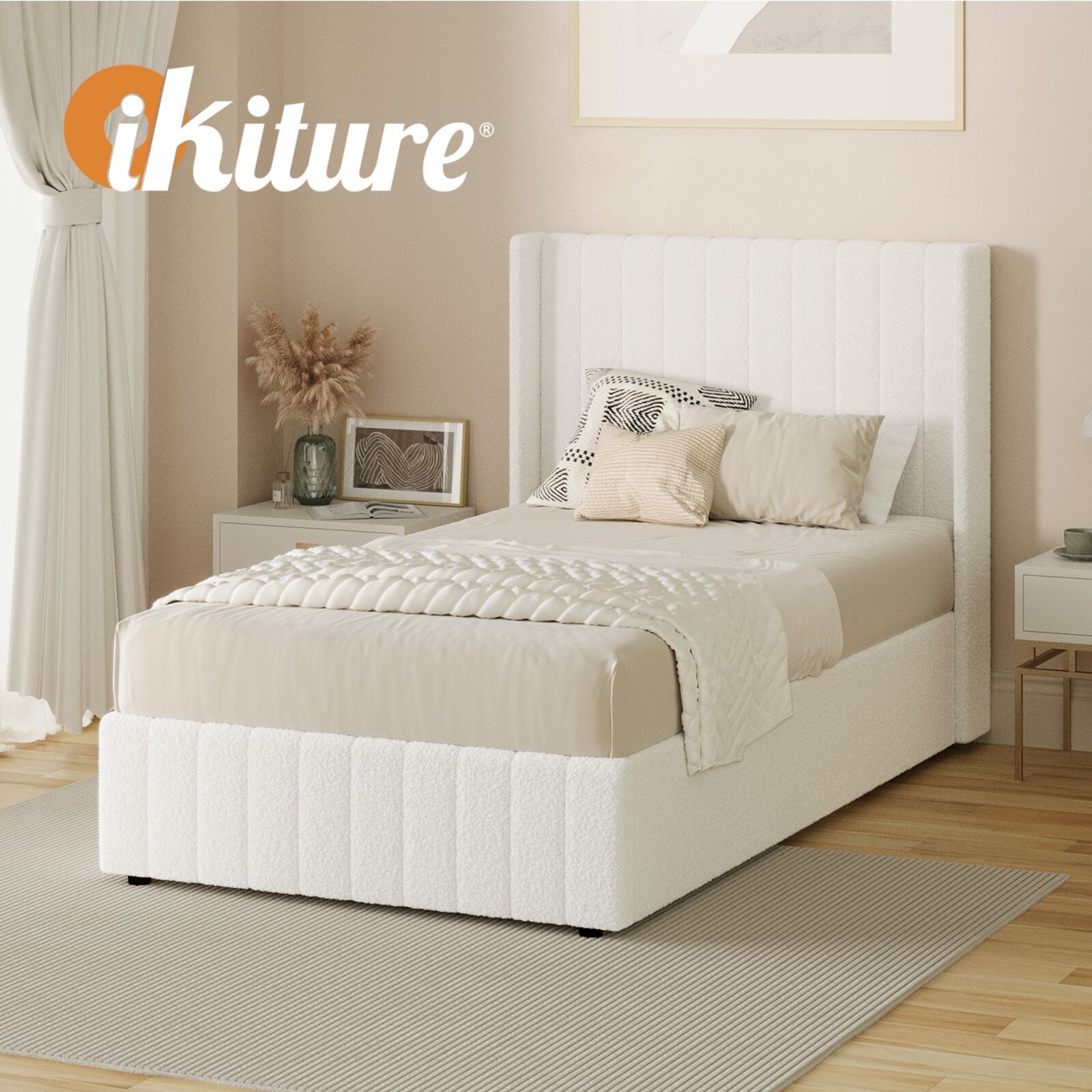 Elevate Your Bedroom with the Oikiture Queen Gas Lift Bed Frame - Stylish Boucle Design with Ample Storage