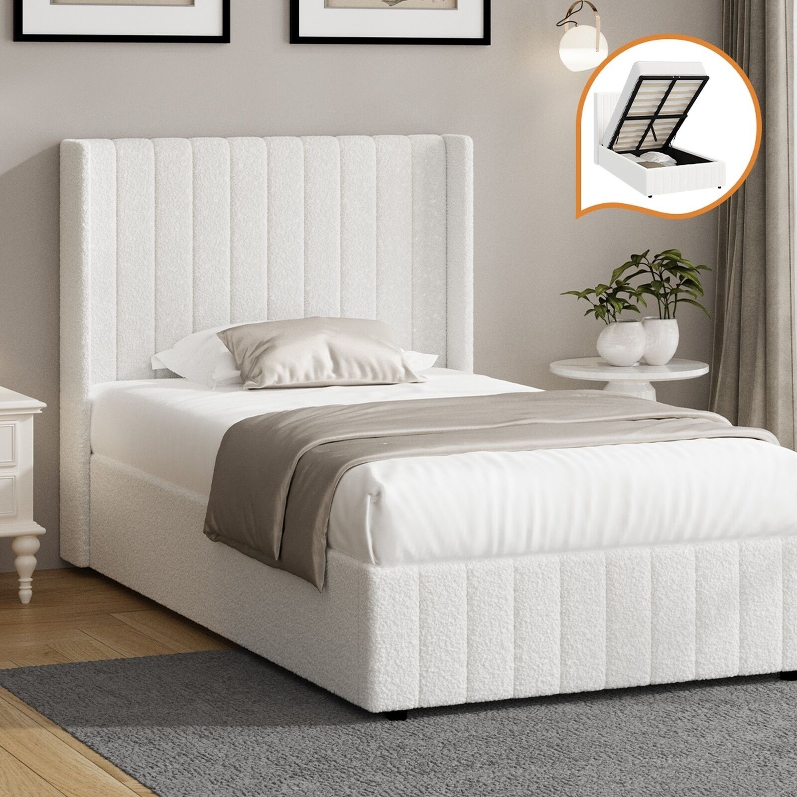 Elevate Your Bedroom with the Oikiture Queen Gas Lift Bed Frame - Stylish Boucle Design with Ample Storage