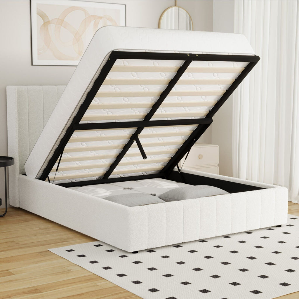 Elevate Your Bedroom with the Oikiture Queen Gas Lift Bed Frame - Stylish Boucle Design with Ample Storage