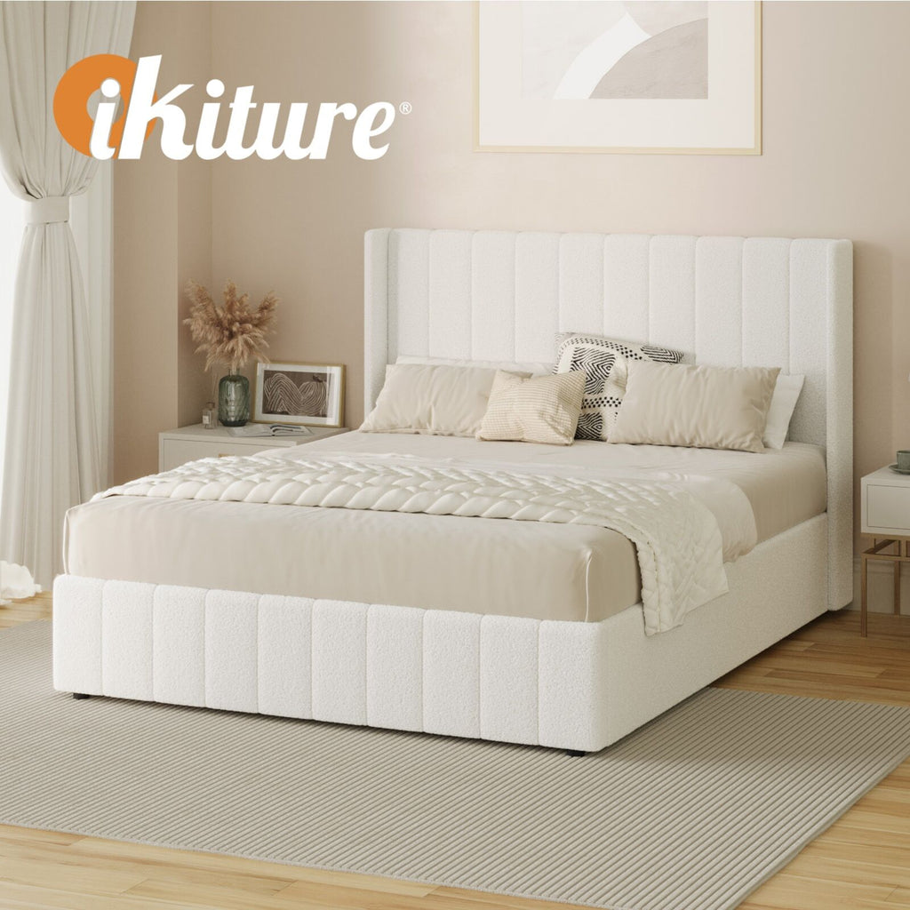 Elevate Your Bedroom with the Oikiture Queen Gas Lift Bed Frame - Stylish Boucle Design with Ample Storage