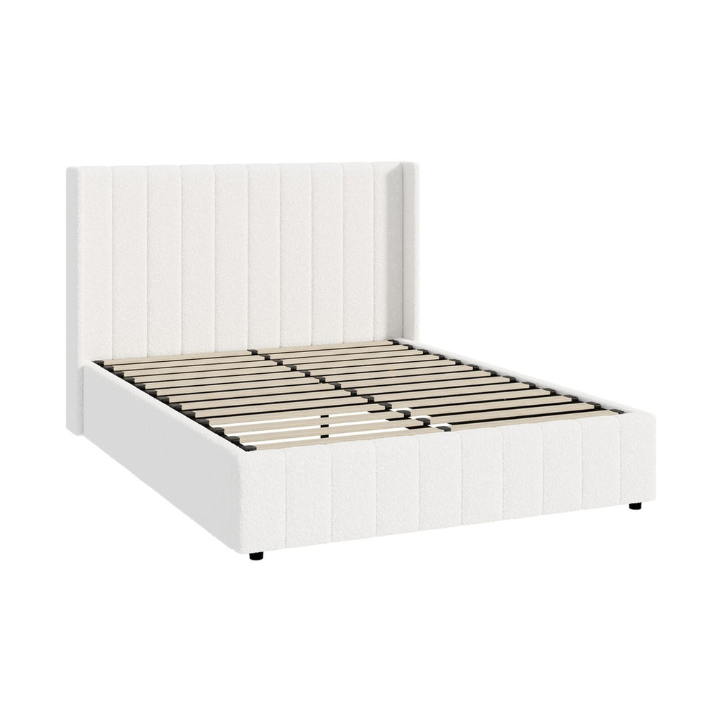 Elevate Your Bedroom with the Oikiture Queen Gas Lift Bed Frame - Stylish Boucle Design with Ample Storage