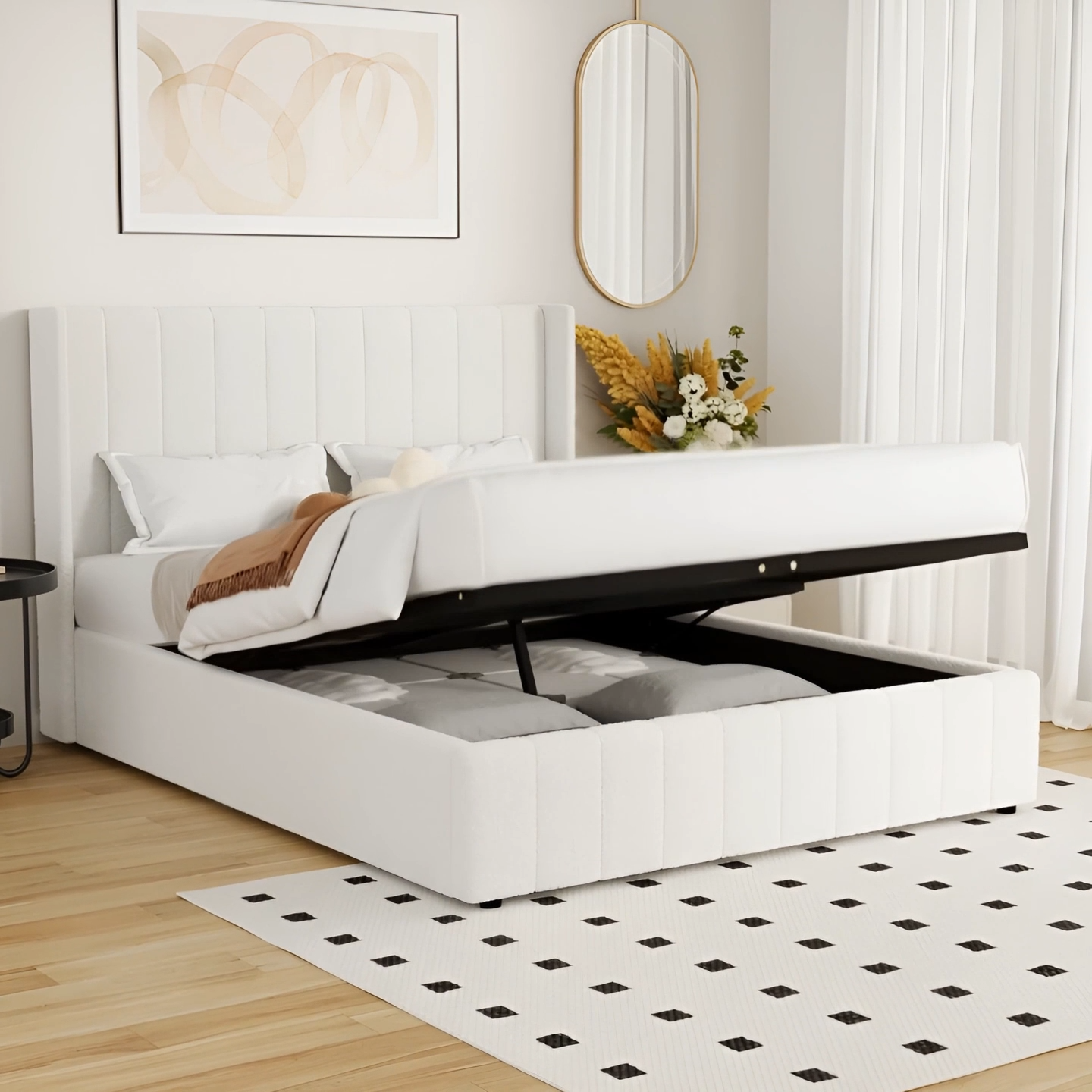 Elevate Your Bedroom with the Oikiture Queen Gas Lift Bed Frame - Stylish Boucle Design with Ample Storage