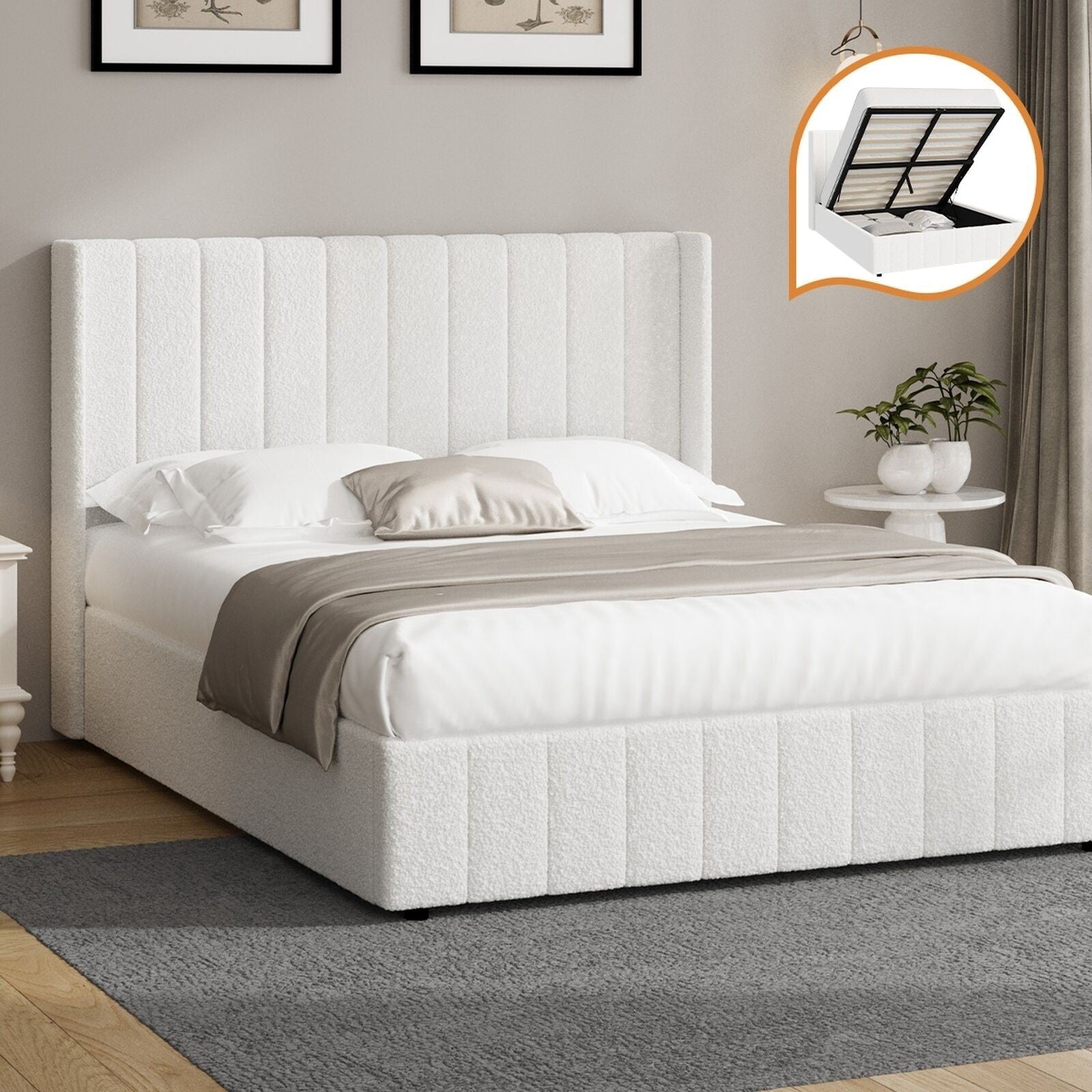 Elevate Your Bedroom with the Oikiture Queen Gas Lift Bed Frame - Stylish Boucle Design with Ample Storage